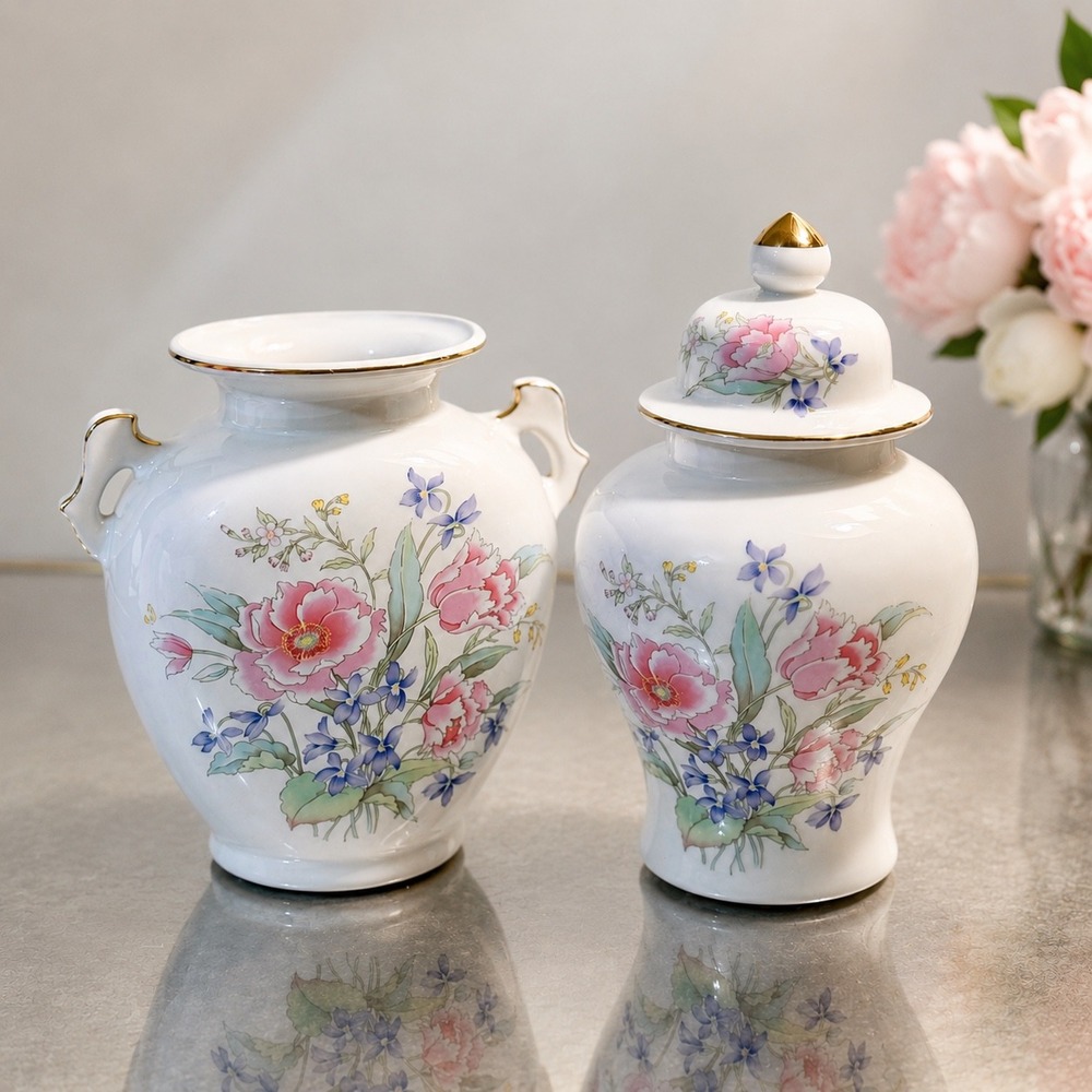 VTG Fine China Japan Floral Ginger Jar & Matching Vase Set Peony Violet Gold